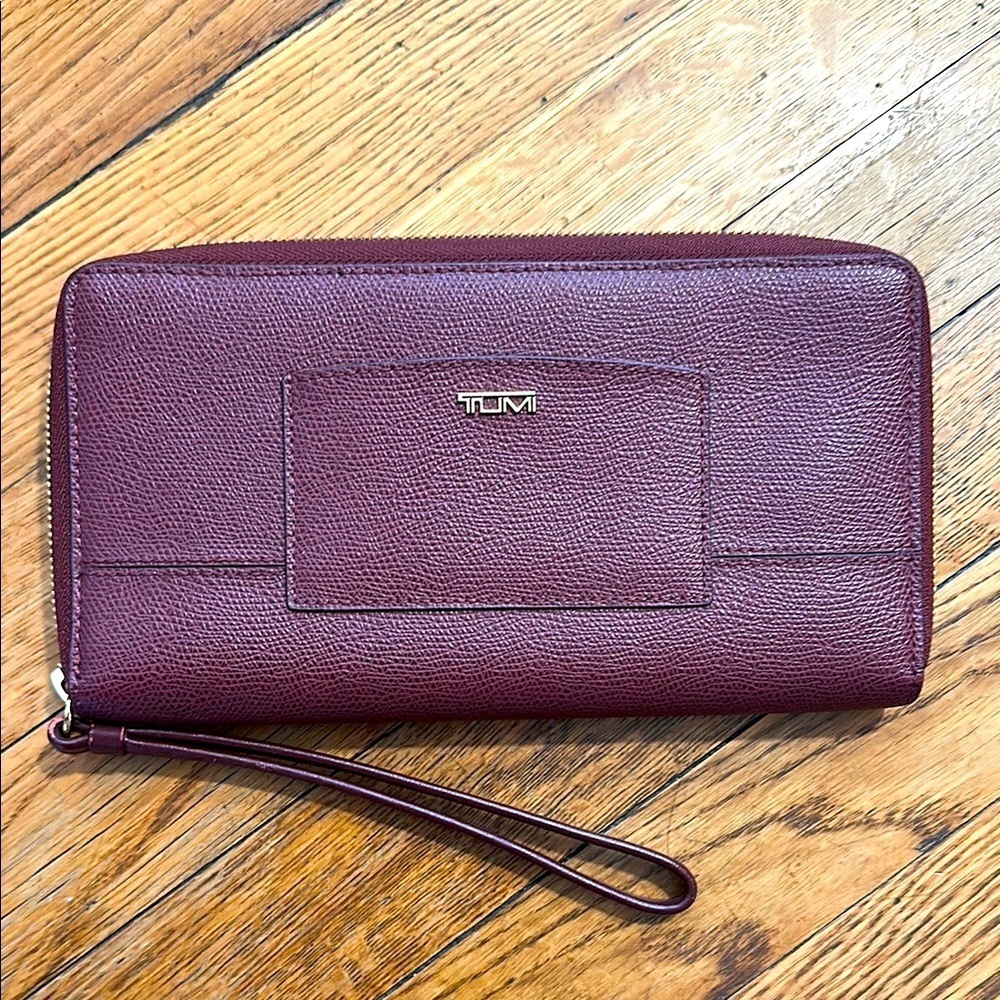 Tumi saffiano travel wallet passport holder burgundy wristlet zip around